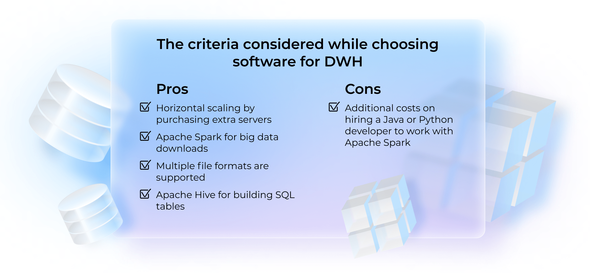 The criteria considered while choosing software for DWH