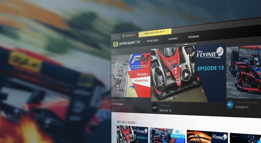 Motorsport streaming app screens with race footage
