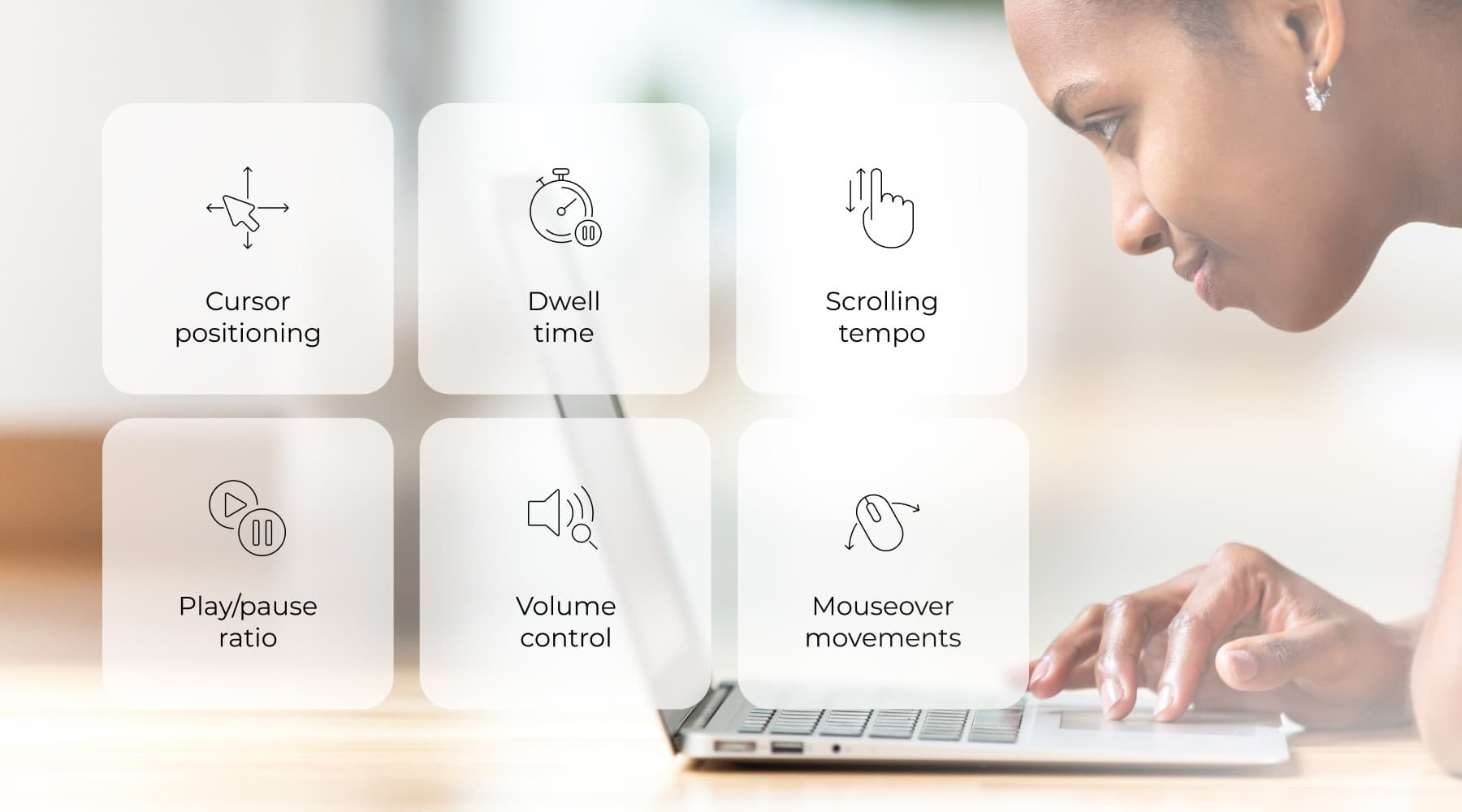 Woman at a laptop with attention metric factors like cursor position and scroll speed