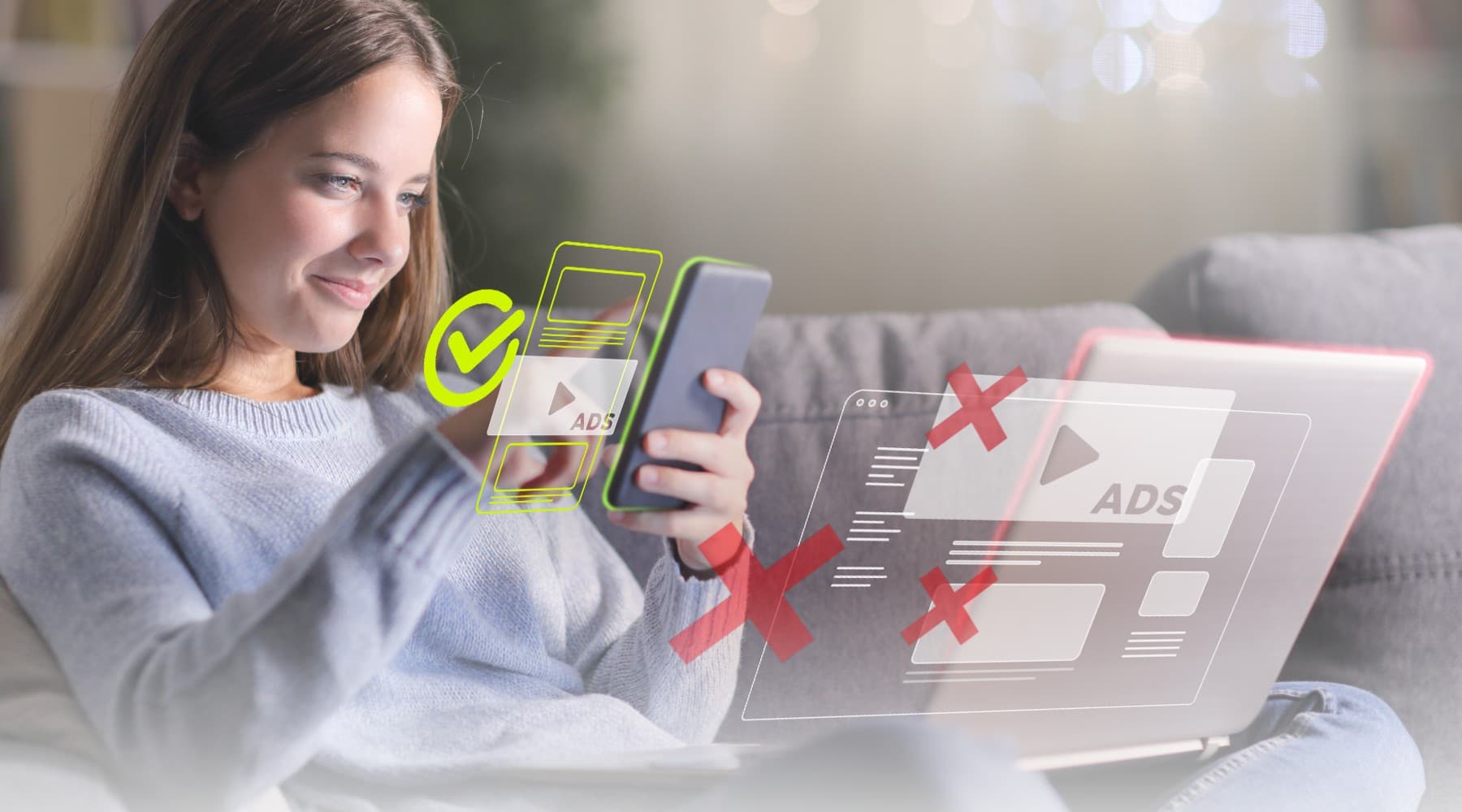 Woman on a tablet with ad attention metrics checkmarks and crosses