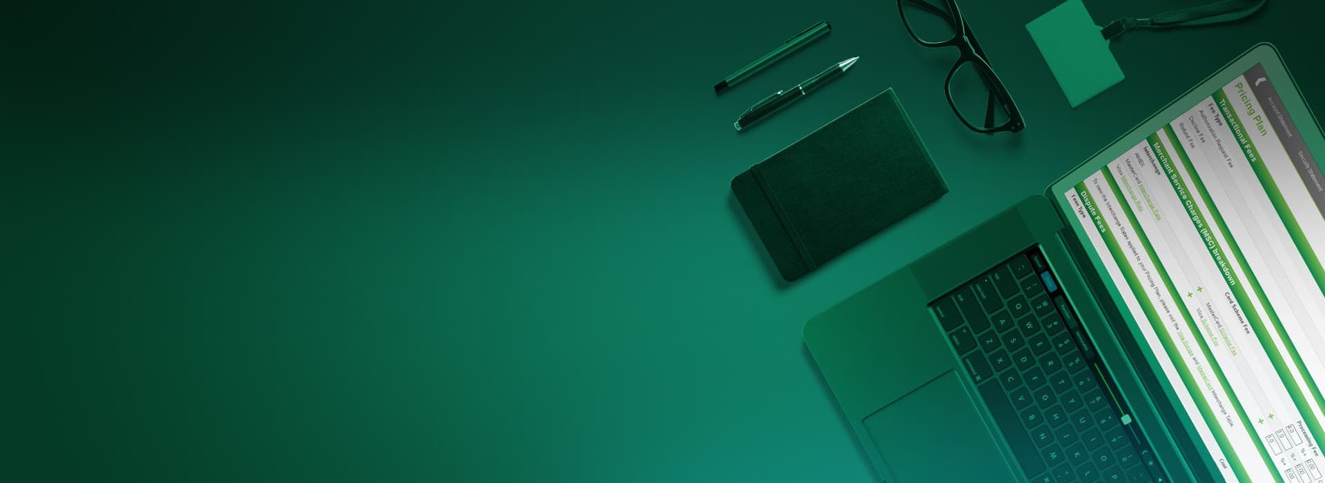 Laptop with a payment processing platform on a green background