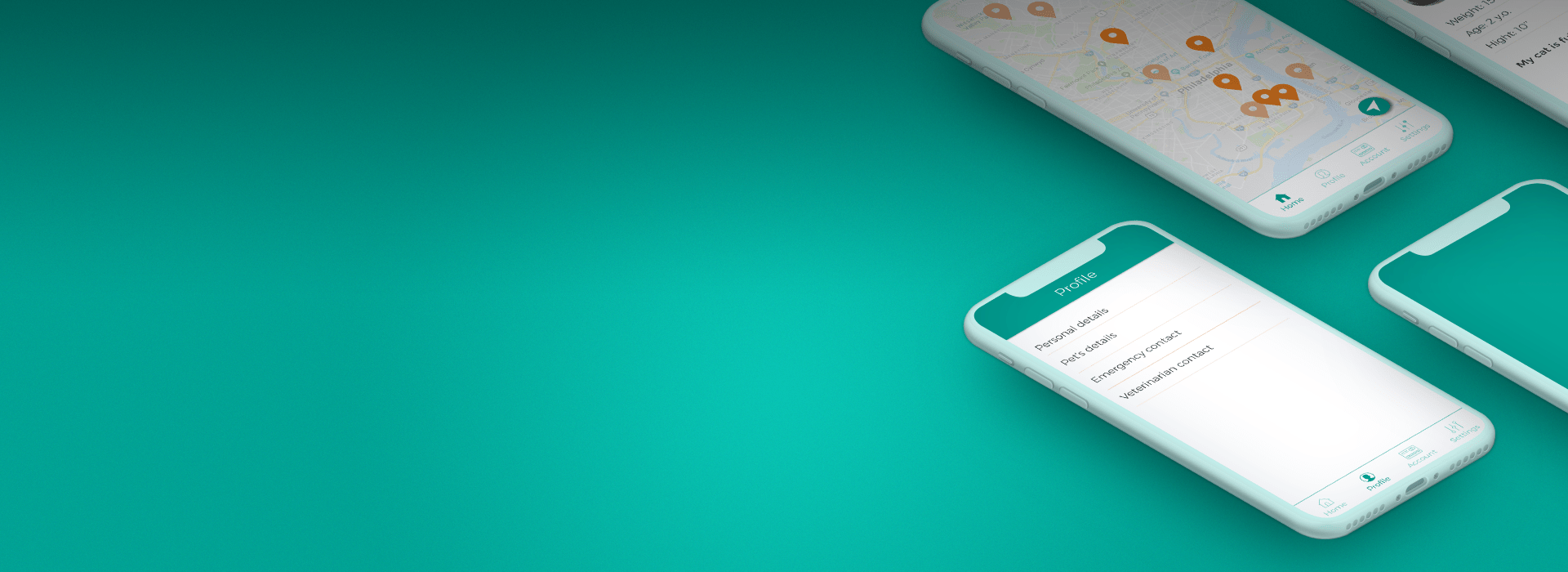 Phones showing a pet daycare monitoring app on a teal background