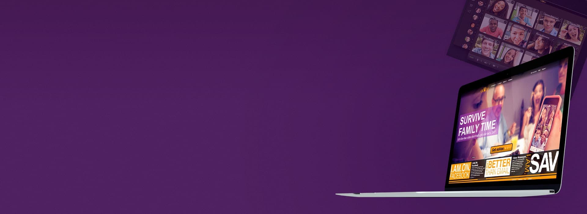 Laptop showing a video chat and conferencing portal on purple
