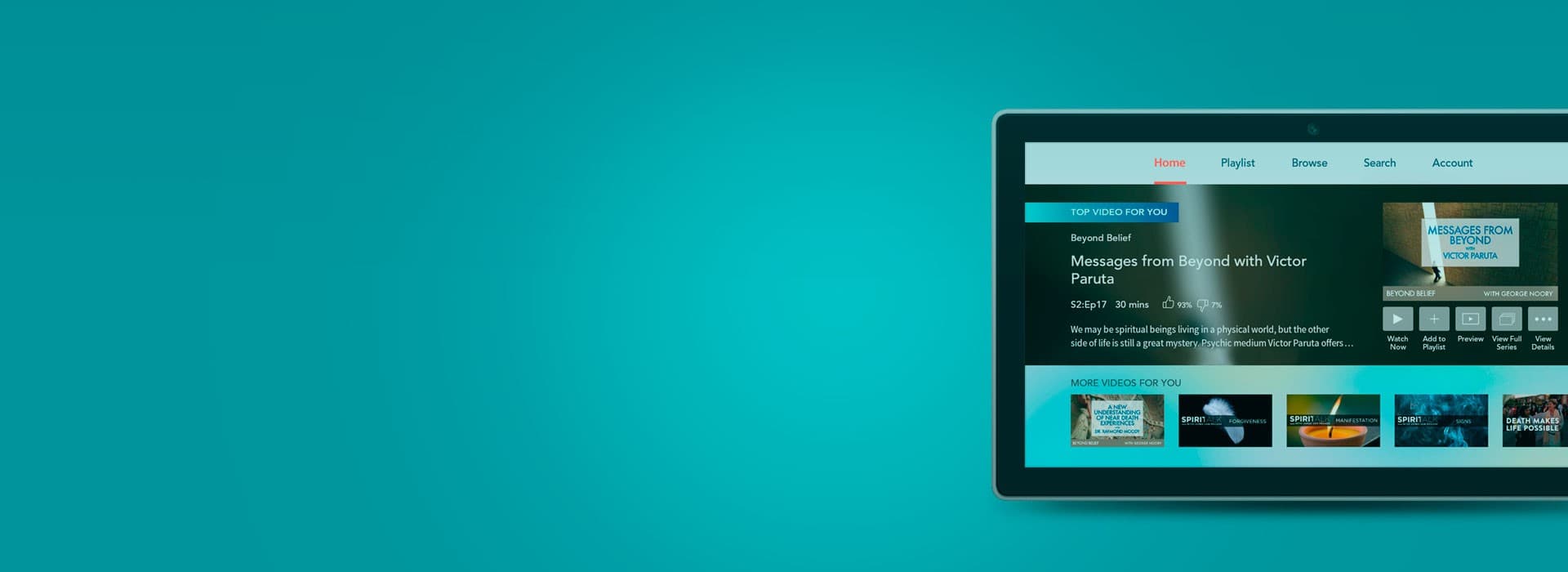TV showing a spirituality OTT app on a teal background