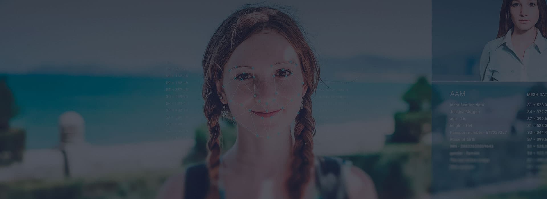Woman's face in a biometric computer vision frame