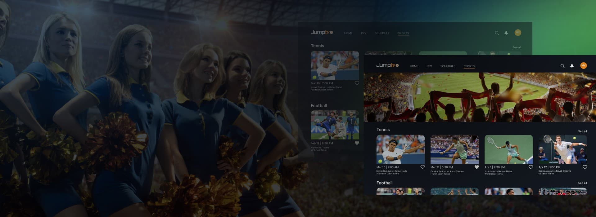 Football players on a TV showing an IPTV app