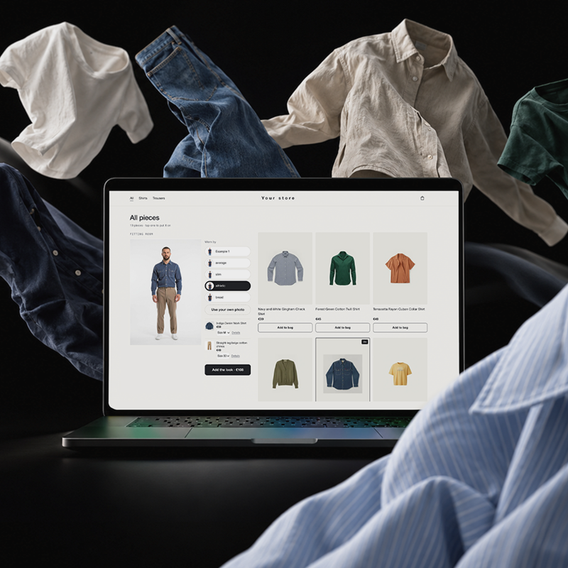 Online store fitting room on a laptop surrounded by flying clothes