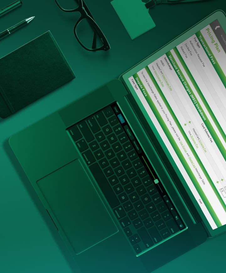 Payment processing platform screens on green