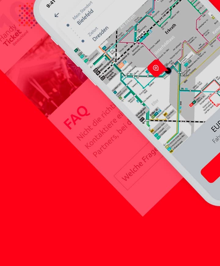 Ticketing app screens and transit map on red