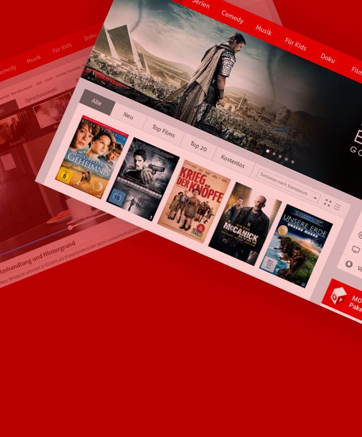 VoD service app screens for a telecom operator on red