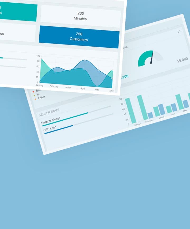 Video chat platform analytics panels on light blue