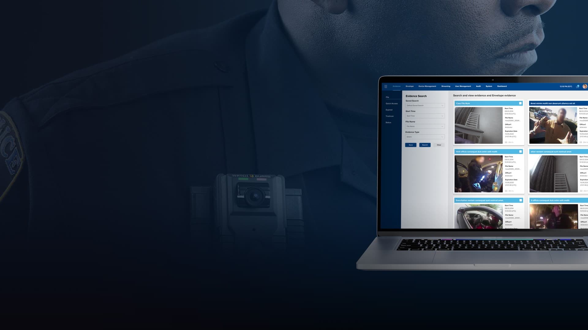 Officer beside a laptop showing CJIS-compliant video streams