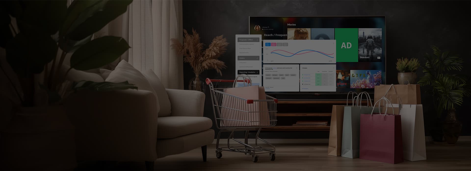 Living room TV showing an adtech marketplace dashboard