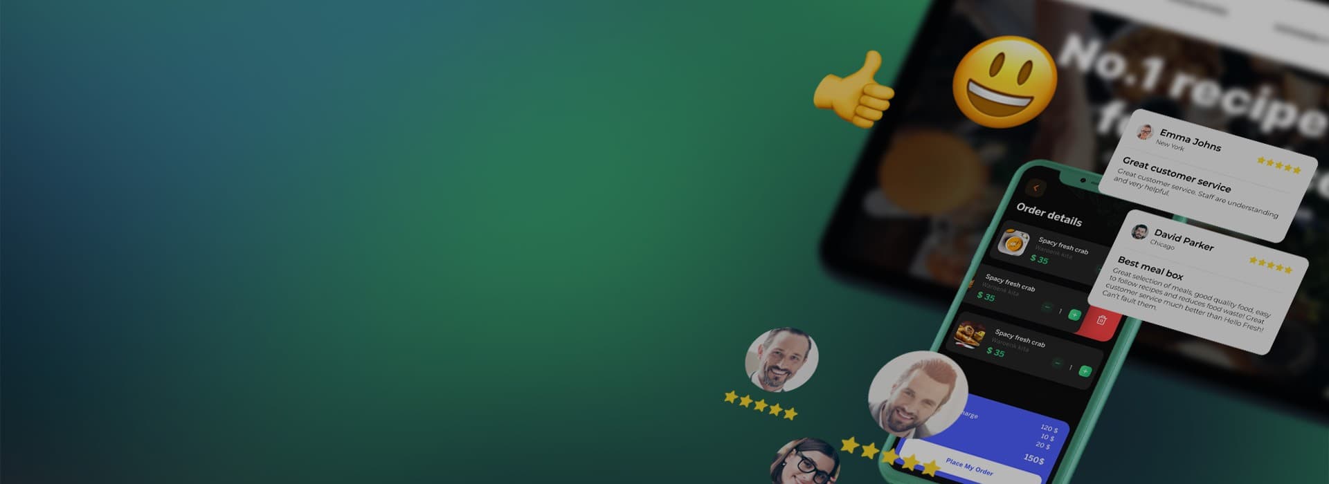 Phone with chat messages and emoji reactions on a teal background
