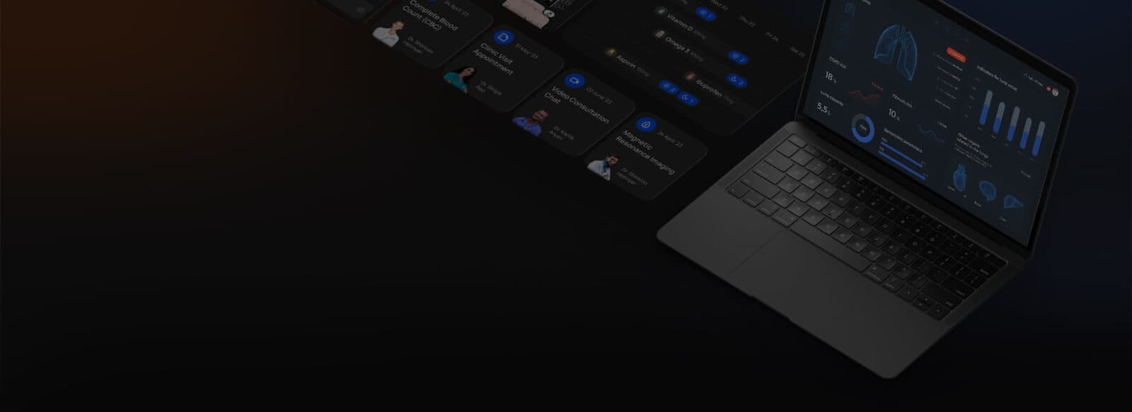 Laptop showing healthcare software data on a dark background