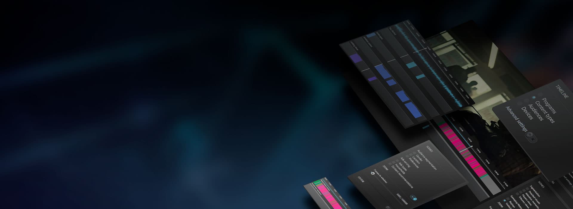 Connected TV ad interface panels on a dark background