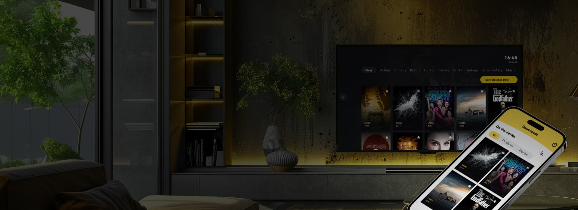 Living room TV and phone showing an enterprise OTT app
