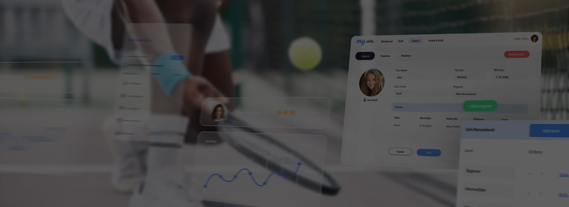 Gym trainer beside a skill tracking app screen