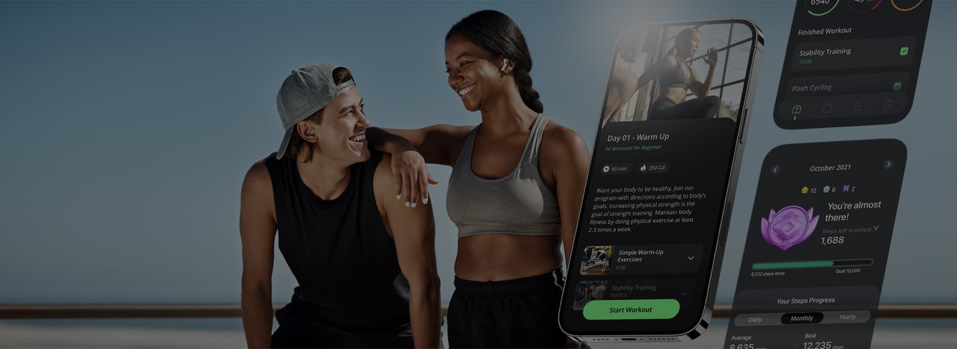 Two athletes beside sports app screens