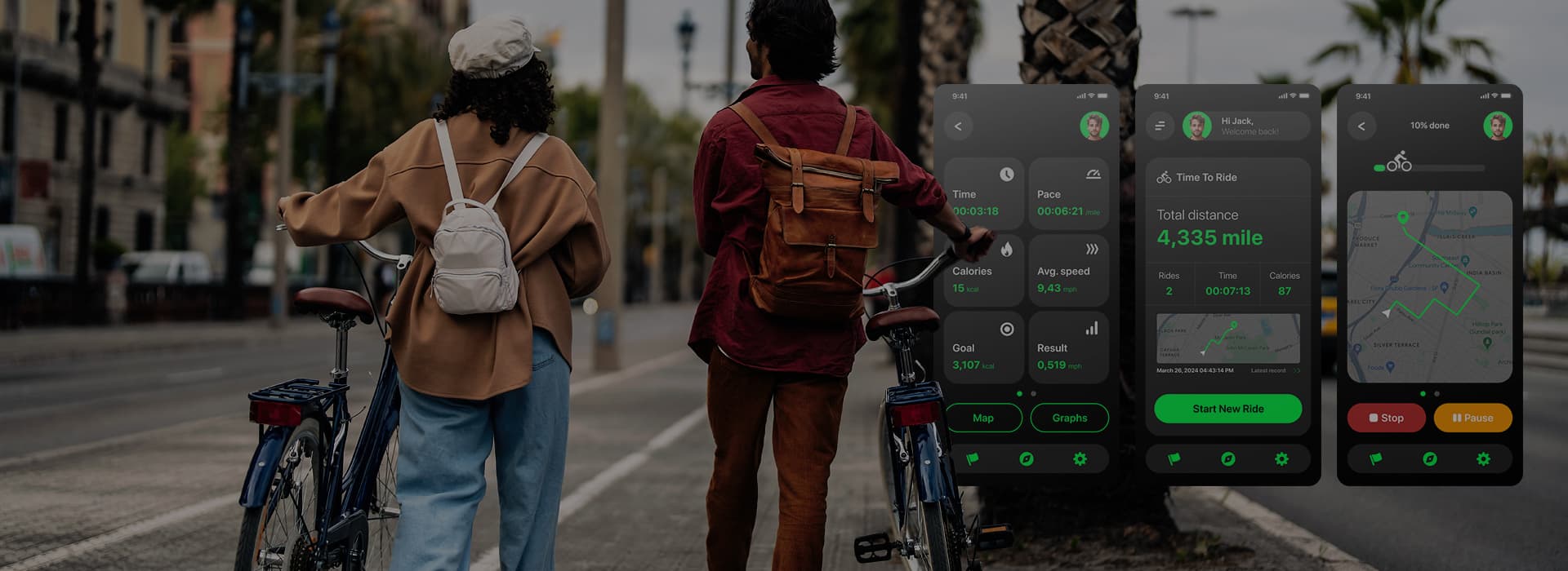 Cyclists with bikes beside bike ride tracker app screens