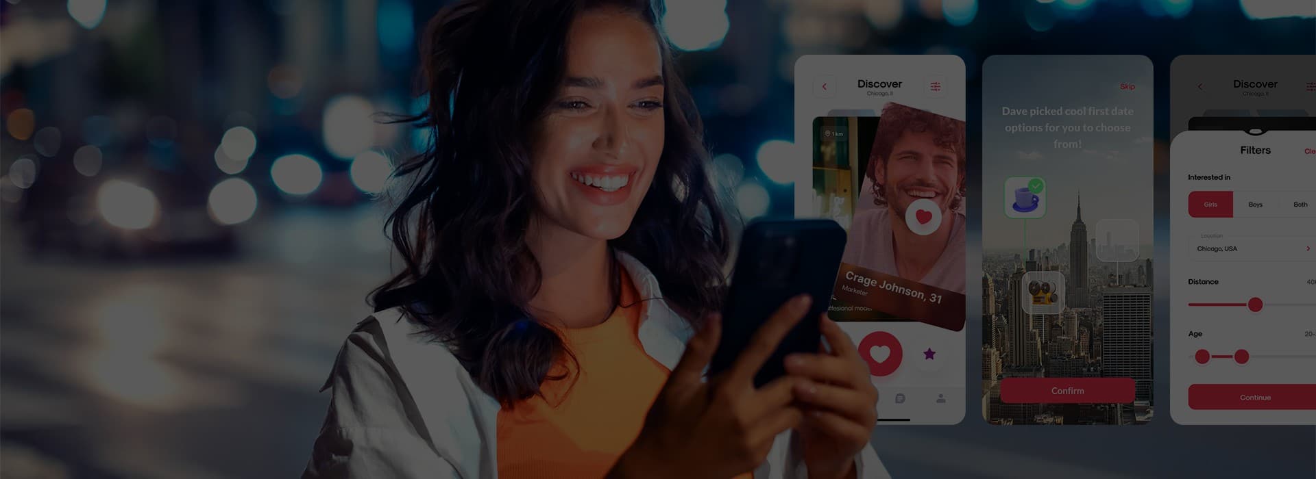 Woman using a dating app on her phone next to app profile screens