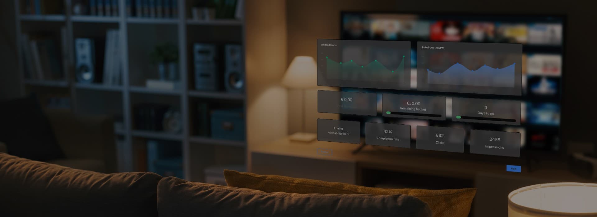 Living room with a large TV showing a broadcaster advertising portal
