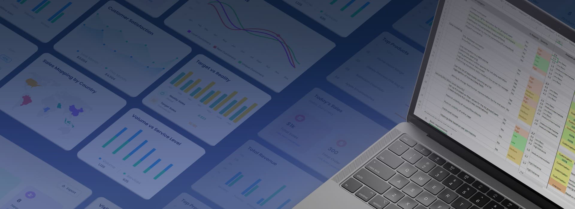 Laptop with BI reporting dashboards and charts