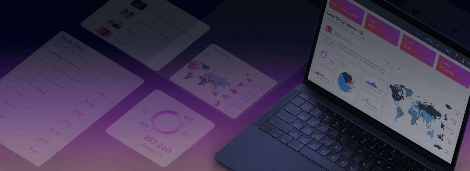 Laptop showing an online video monitoring dashboard on purple