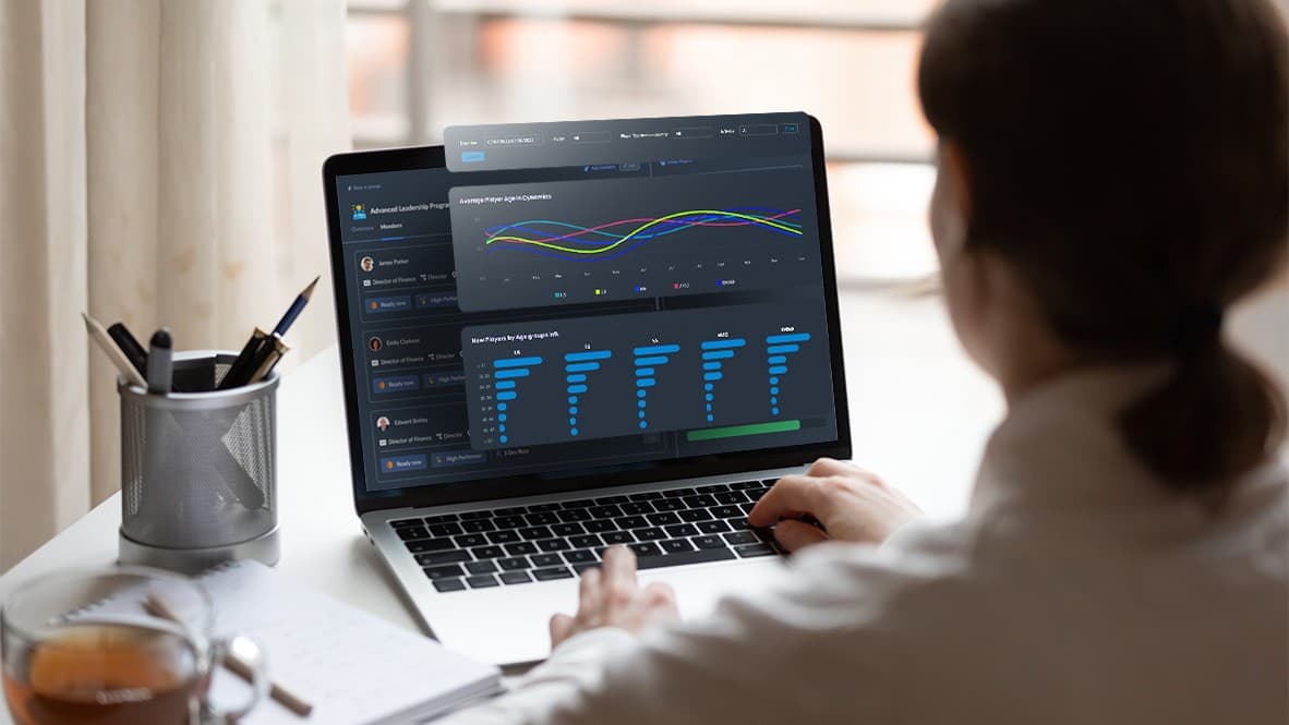 Woman at a laptop with a multiscreen frontend analytics dashboard