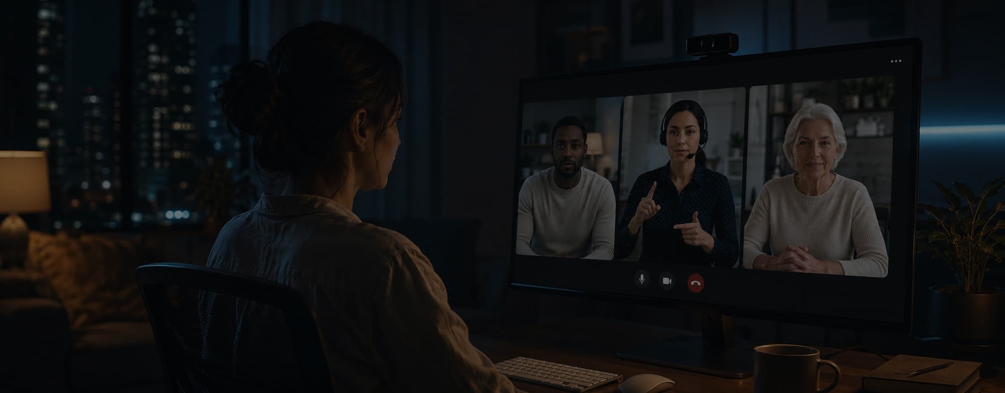 Video call participants on a TV in a dark room