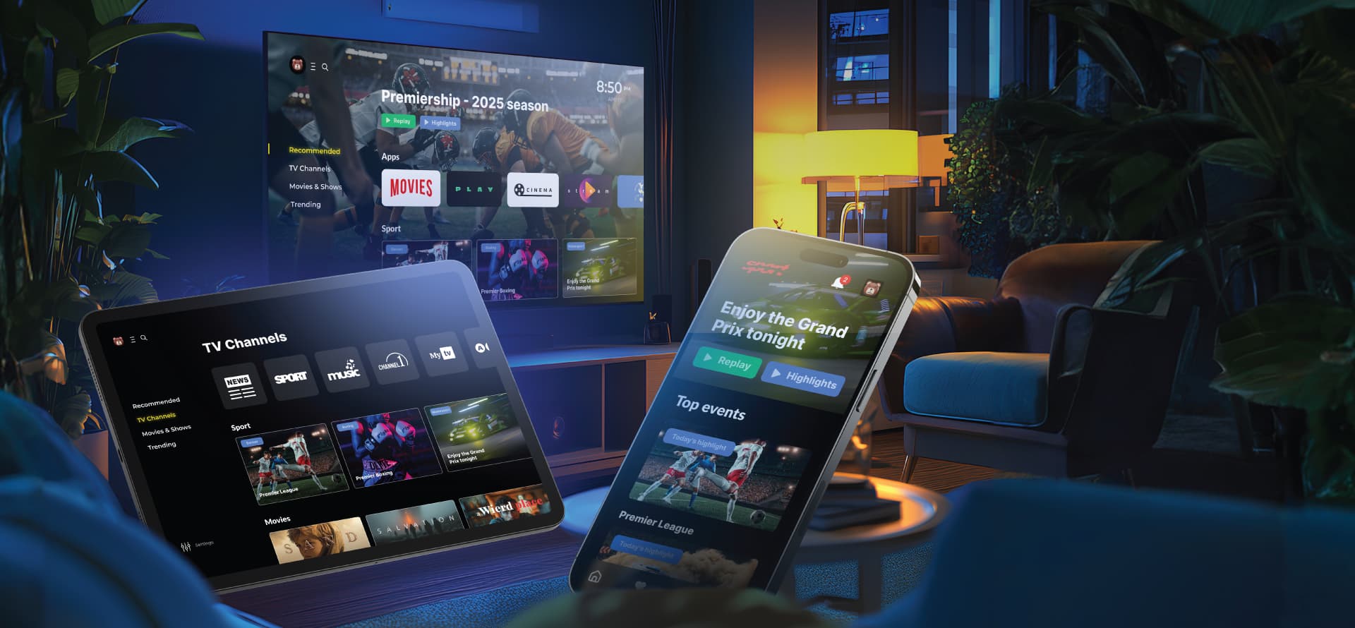 OTT app running on a TV, tablet and phone in a living room, one platform across five screens