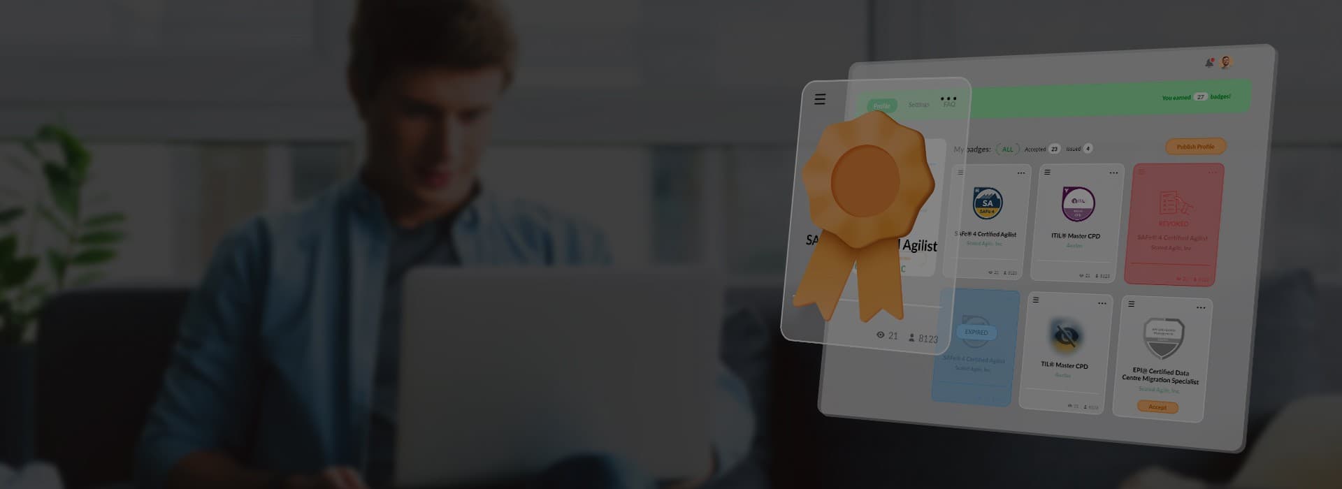 Man at a laptop beside digital badge certificates