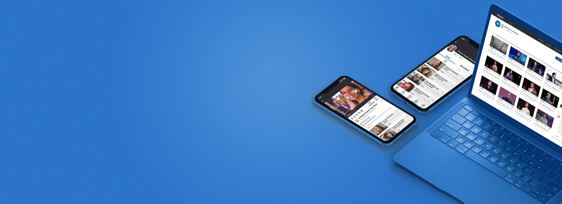 Phones showing a social network app for educators on blue
