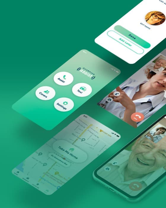 Phones showing an emergency help app for senior citizens