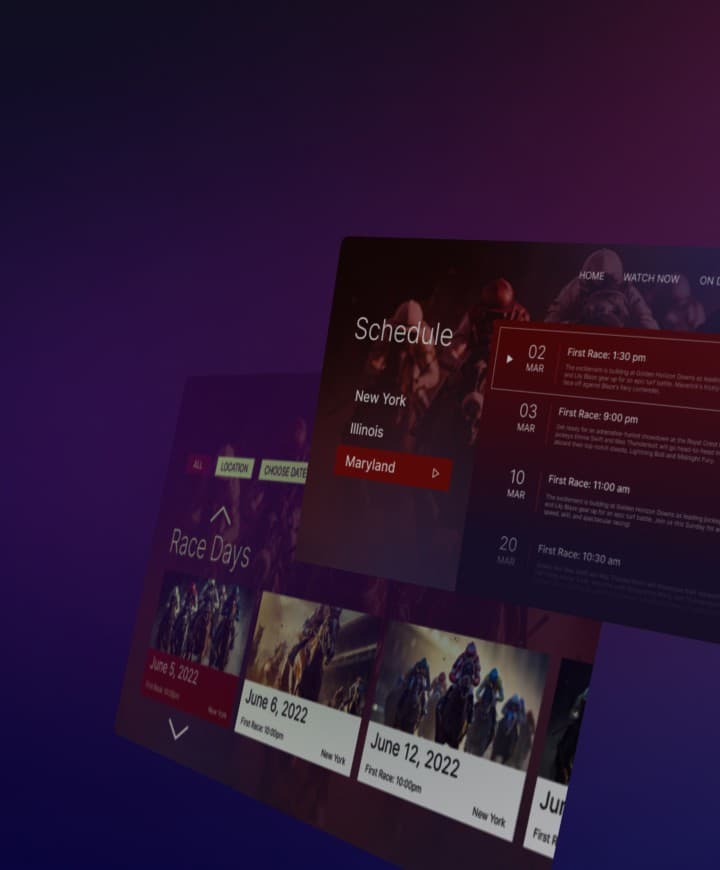 Horse racing simulcasting app screens on purple