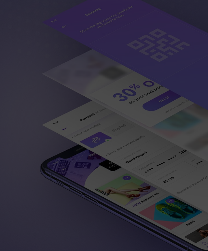 Stacked retail ecosystem app screens on purple