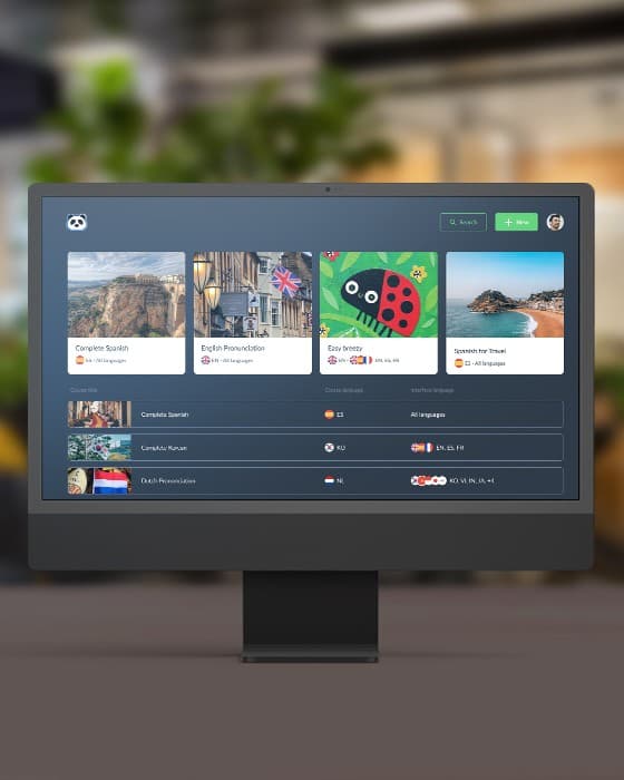 Monitor showing a language learning platform CMS