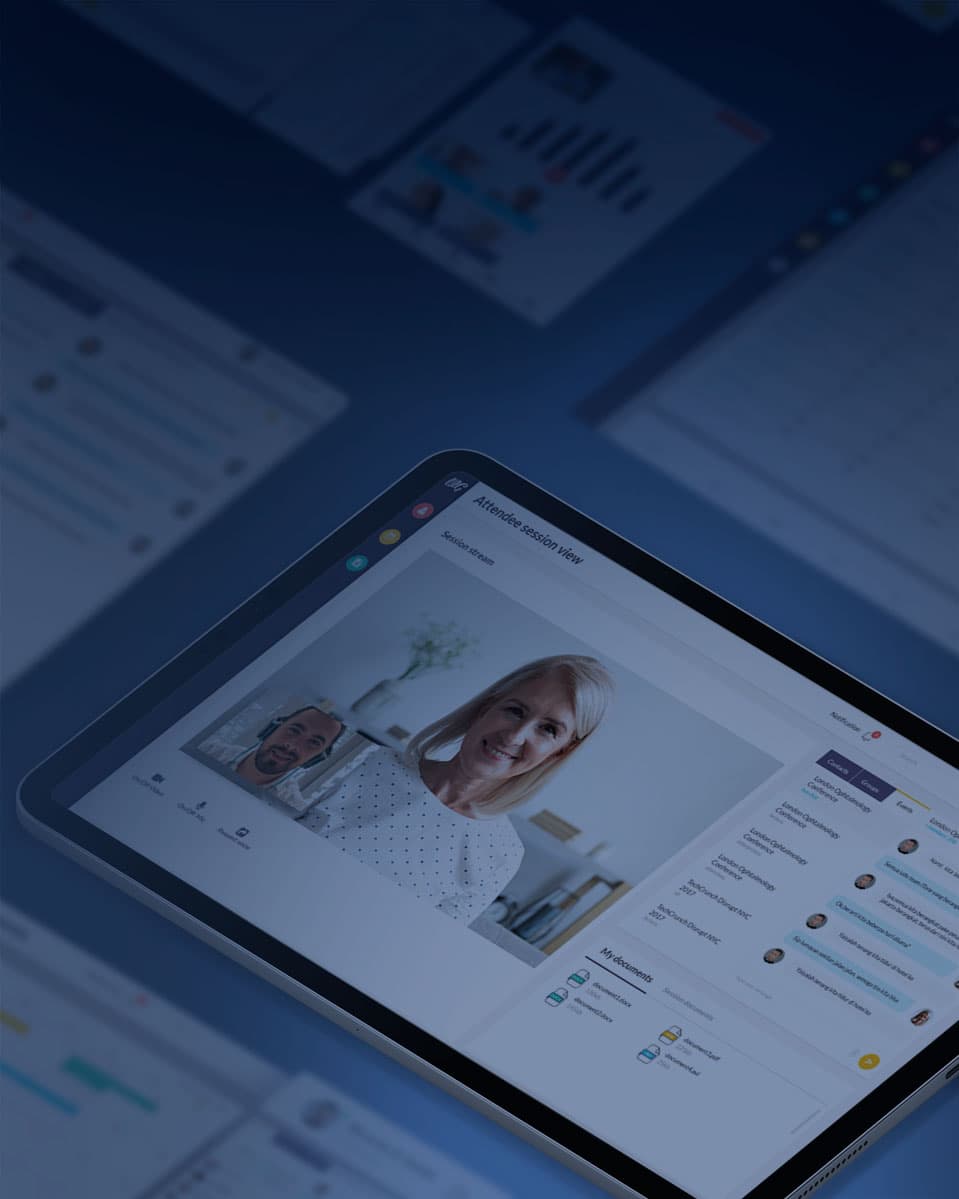 Videoconferencing platform screens on a dark blue background