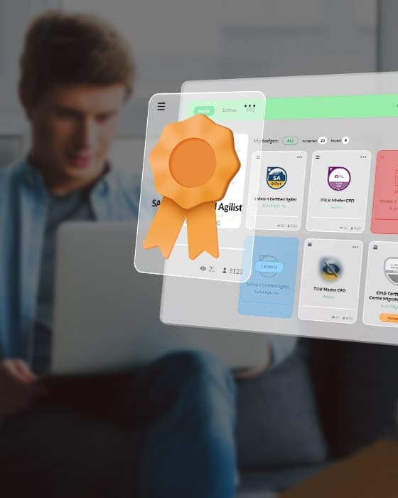 Man at a laptop beside digital badges and certificates