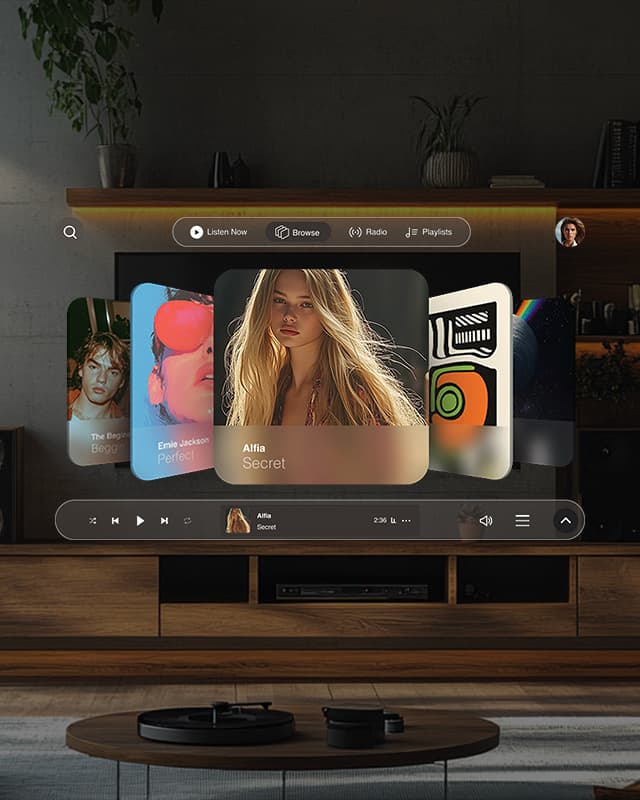 TV showing a music streaming app on a low-end device