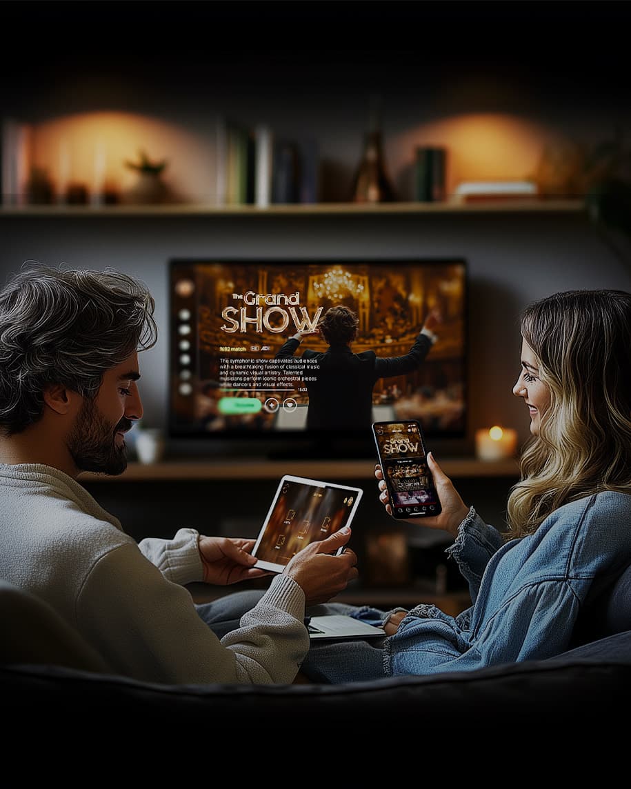 Friends watching a streaming app on TV with a second-screen phone