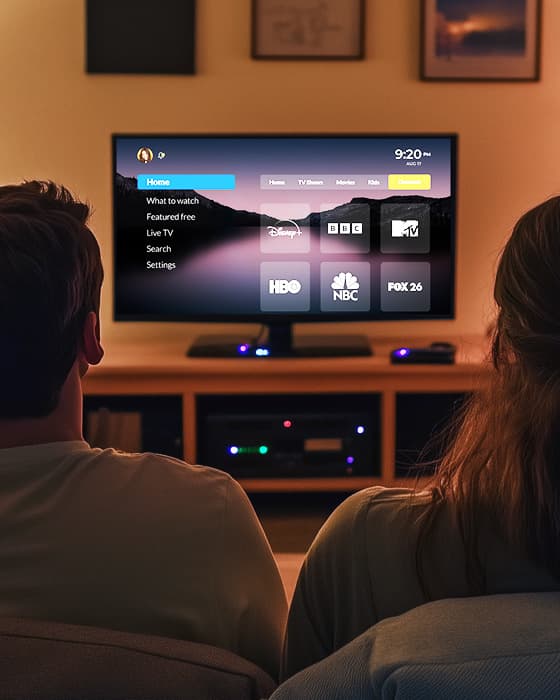 Family watching an Android STB app on TV