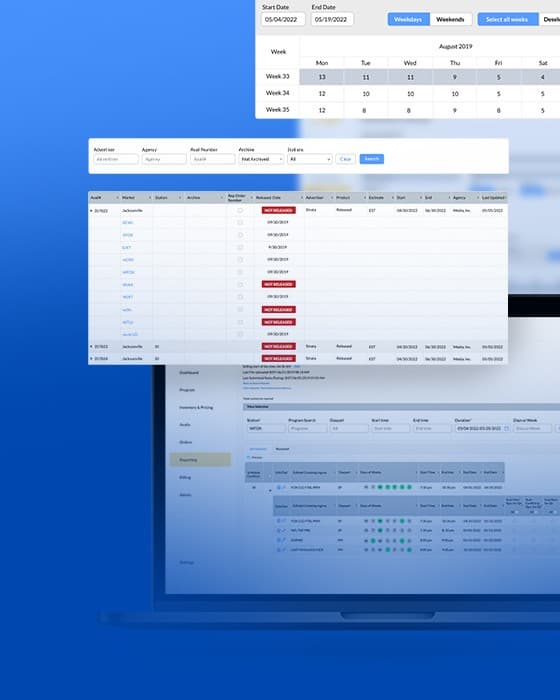 Advertising sales marketplace dashboard on blue