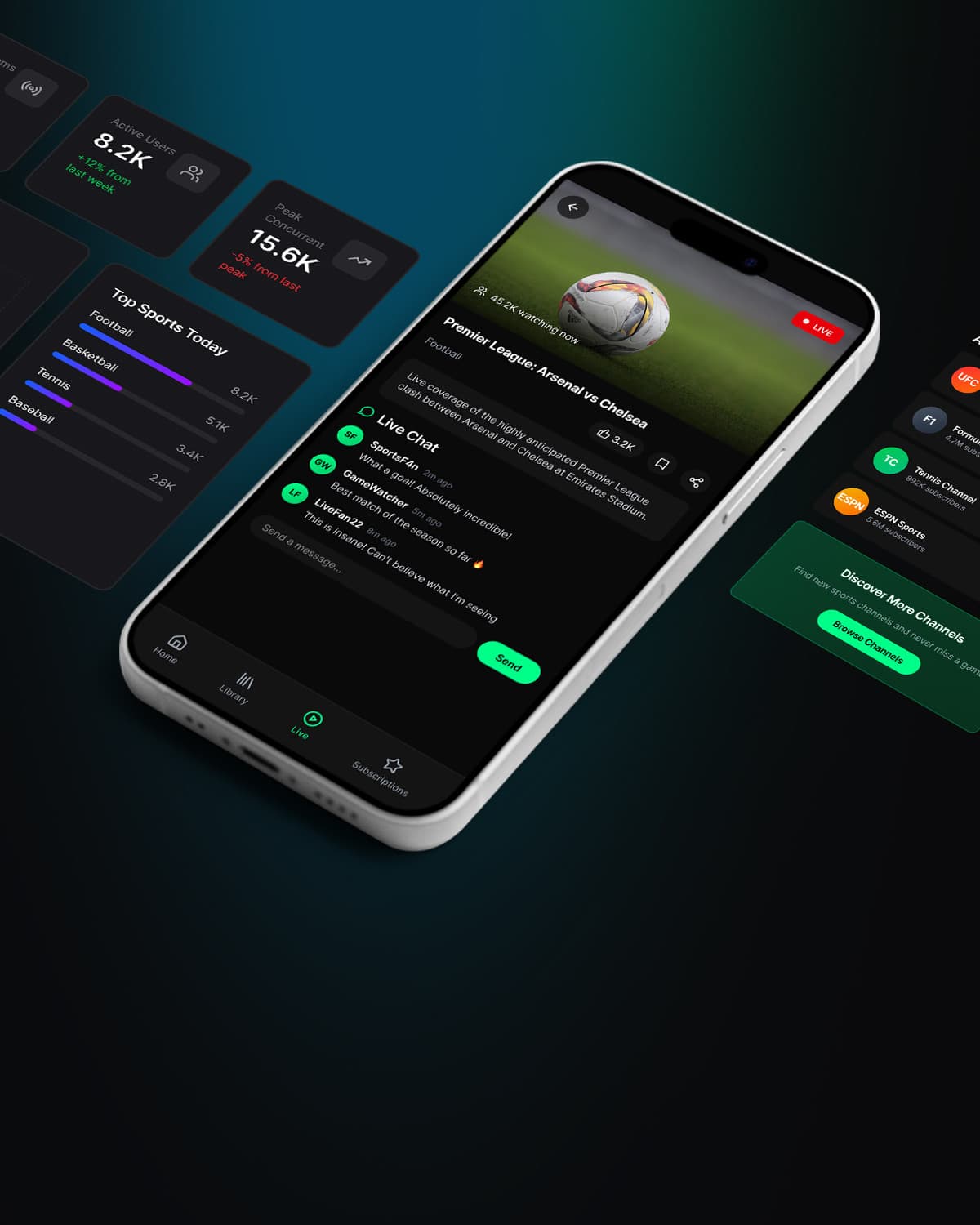 Phone showing a live sports streaming app