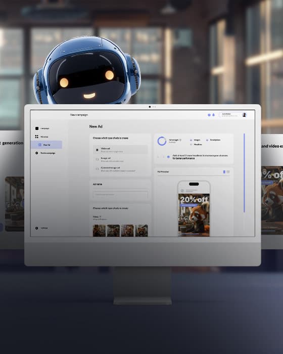 Robot beside a laptop with an AI-powered ad generation tool