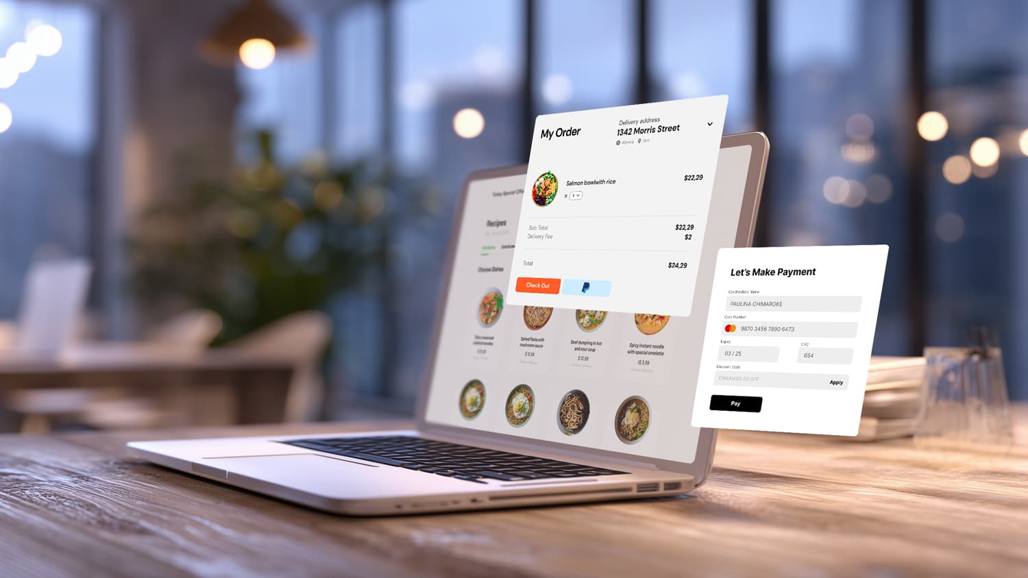 Laptop and floating payment app screens on a desk