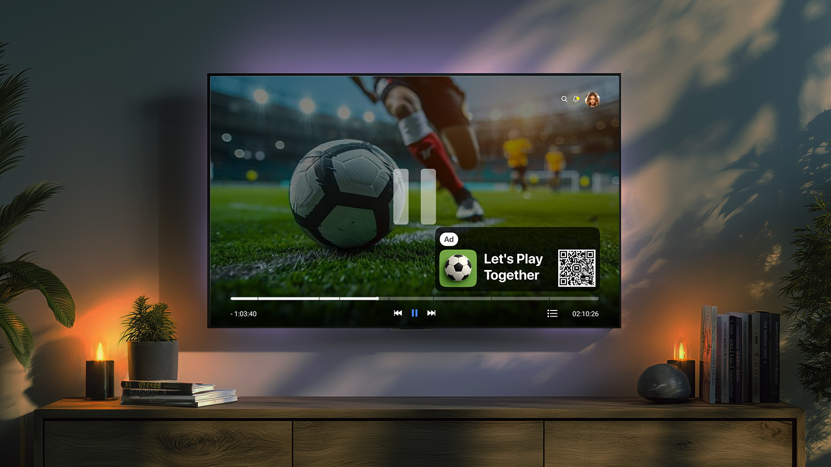 A live soccer match on a TV, illustrating the concept of moment-based targeting in CTV advertising.
