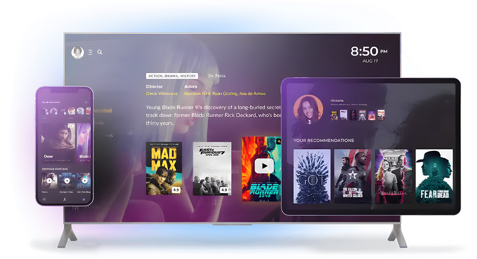 Multi-device streaming UI displayed across a TV, tablet, and phone showing movie posters and recommendations.