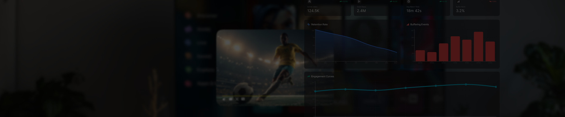 Soccer player in the foreground with a dark, blurred analytics dashboard showing charts in the background, conveying a data-driven theme.