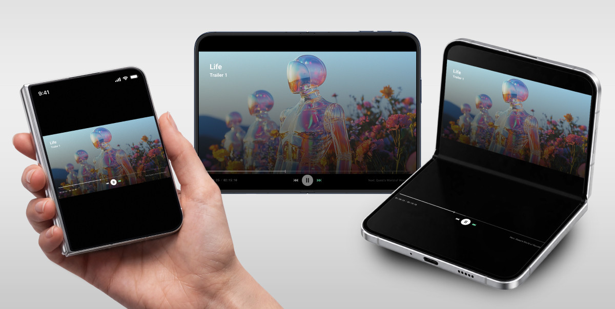 Half-folded iPhone Duo player with video on the top half and controls below
